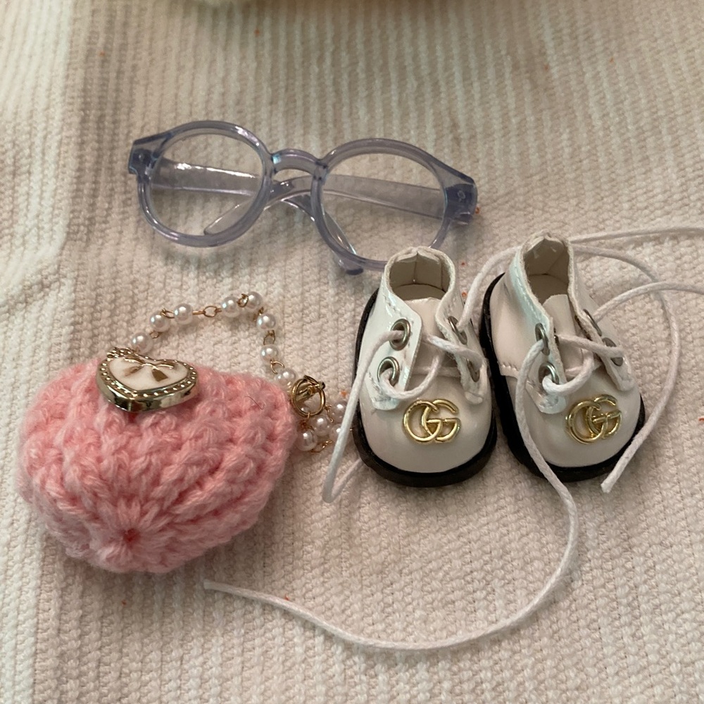 LABUBU, Shoes White Baby Shoes with Gold Accents, Glasses, pink purse!